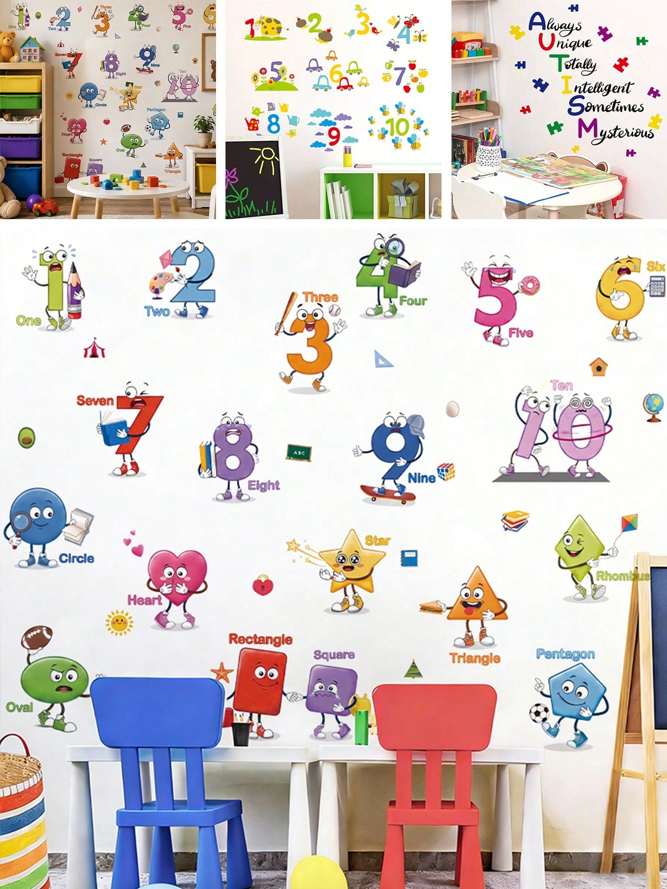 1/6sheet Cartoon Number Shape Learning Wall Stickers, Educational ABC Decor For Kids Bedroom Nursery Playroom Back To School Classroom Wall Decals