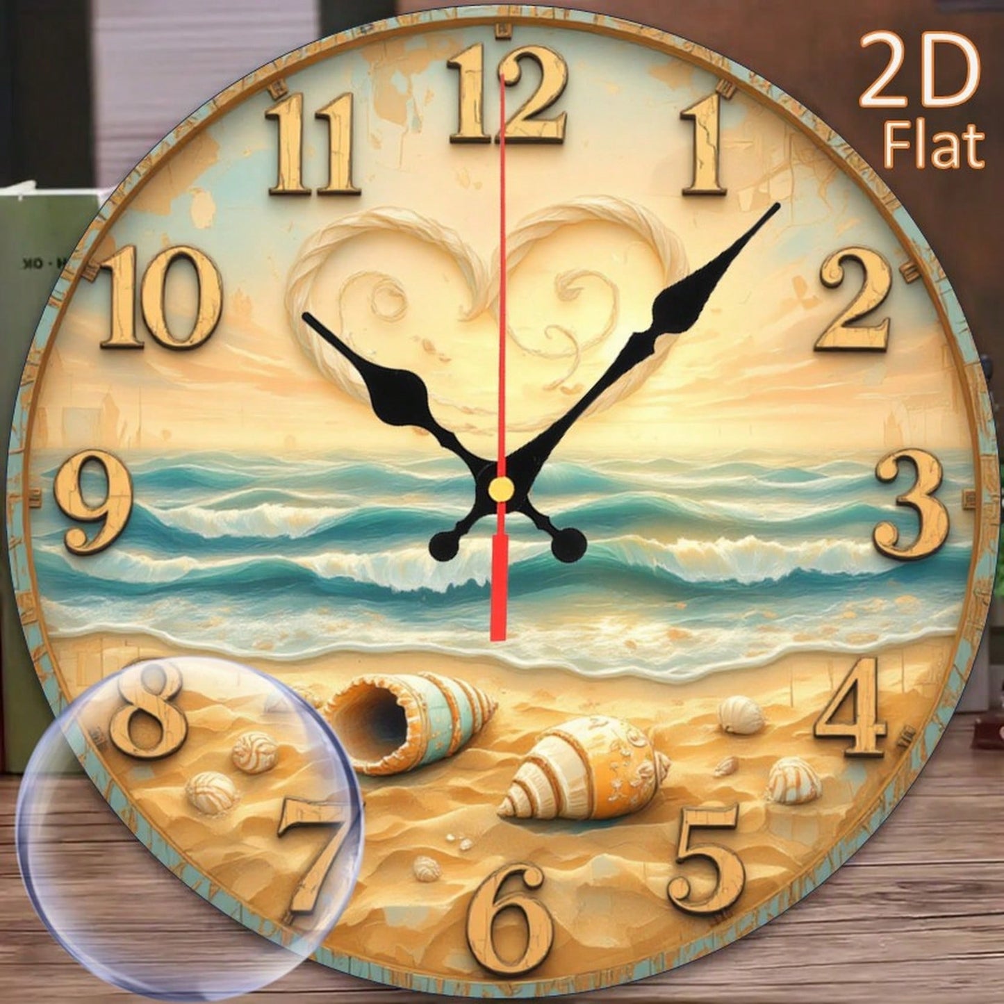 1Pc 2D Flat Beach Seashell Heart Print Wall Clock, 12Inch Silent Round Clock For Bedroom Office Living Room, Coastal Beach Home Decor Gift