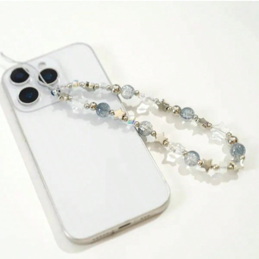 1pc Ice Blue Crackle Crystal Beaded Phone Lanyard Silver Metal Star Clear Transparent Glass Bead Detachable Thin String Wrist Strap Decor For Cell Phone CCD Camera Handbag Minimalist Cool Tone Aesthet