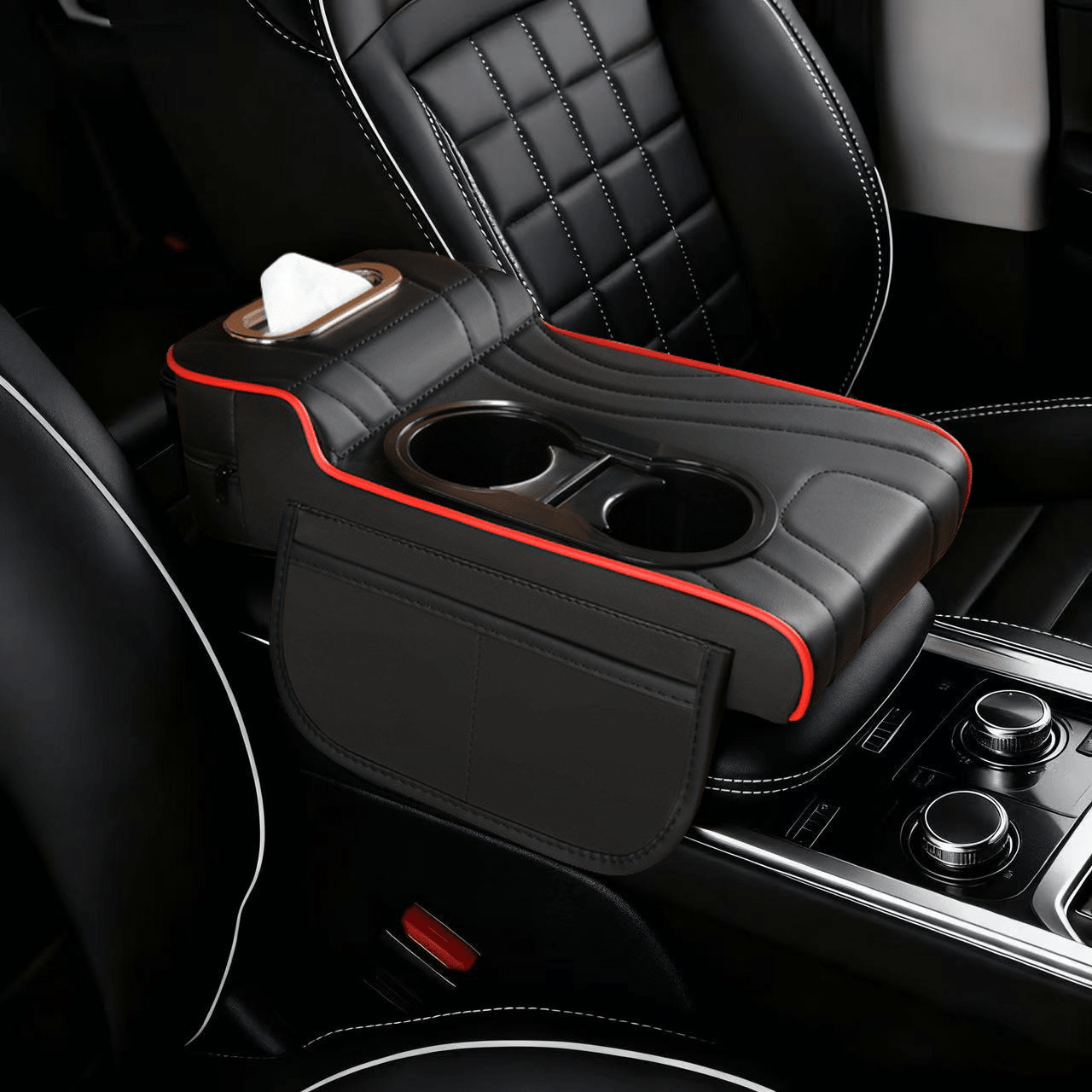 1pc Leather Car Armrest Console Pad, Height-Increasing Armrest, With 2 Cup Holders, Tissue Box And Side Pockets, Practical Storage Design, Suitable For Most Sedans, SUVs And Trucks