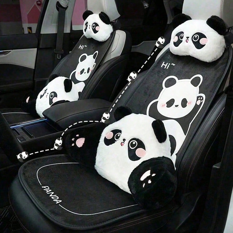 1pc Universal Car Seat Cushion, Plush Warm Panda Design Soft Comfortable Car Seat Protector With Neck Pillow, Suitable For Most Vehicles,Car Accessories