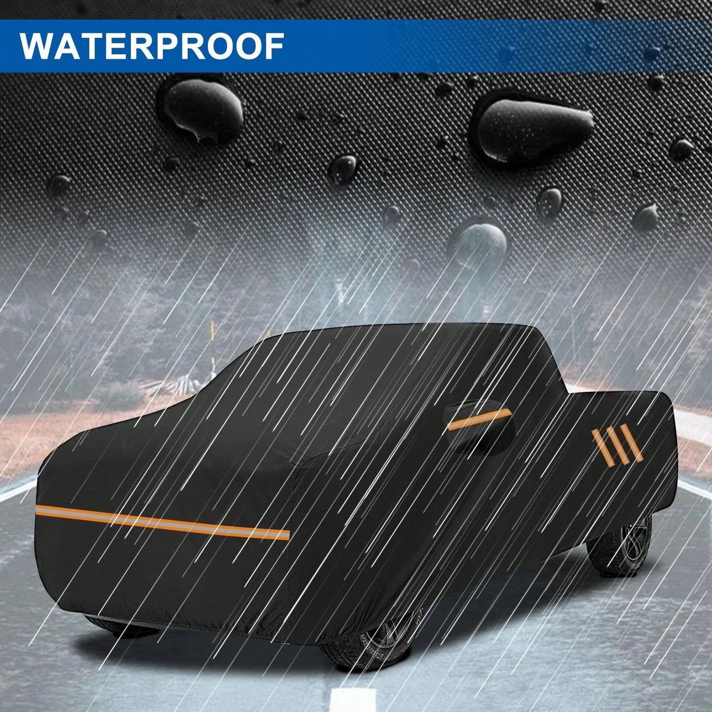 250*80*65 Inch Pickup Truck Car Cover 210D PU Waterproof Heavy Duty All Weather Outdoor Full Car Cover With Reflective Strips, Windproof Straps, UV Protection, Scratch & Dust Resistant, Tear Resistant