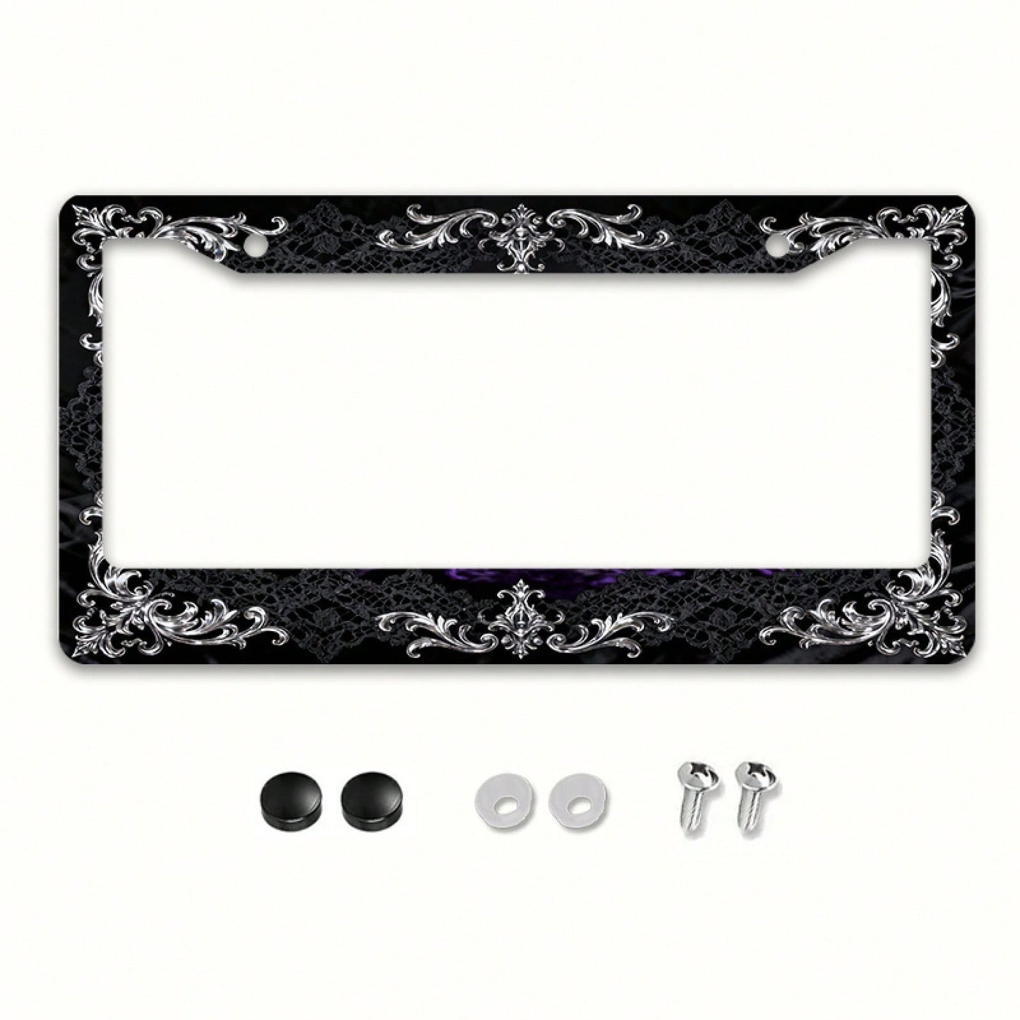2D Flat 1pc Metal License Plate Frame, Vintage And Elegant, With Silver Engraving And Black Lace Combined With A Dreamy Scene, Suitable For North American And Most International Vehicles. Includes Mou