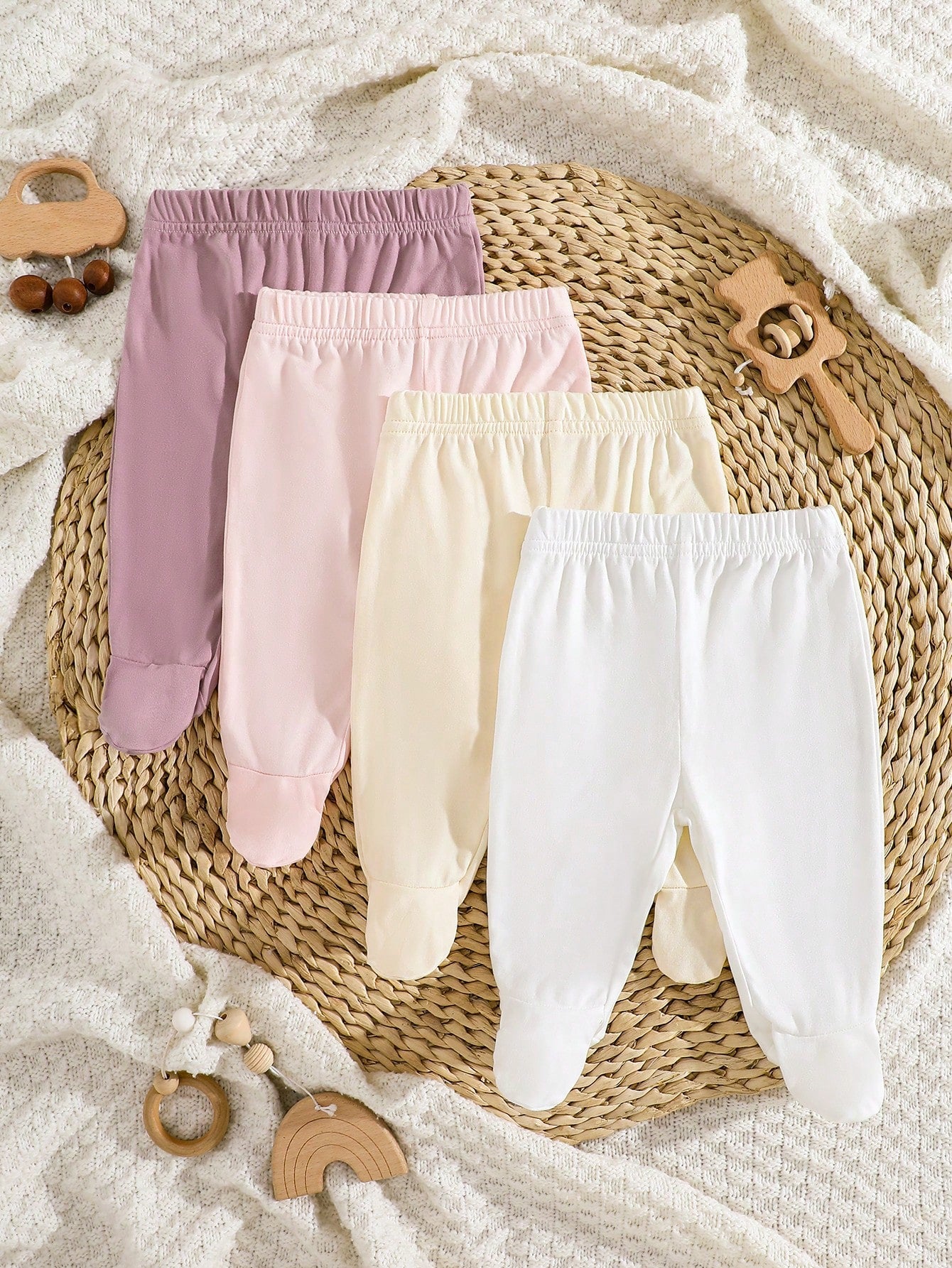 4pcs/Pack Newborn Baby Girls Footie Leggings,Soft Stretchy Ribbed Knit Solid Color White,Pink,Black,Gray Comfortable Fit Pants,0-3 Months Daily Wear