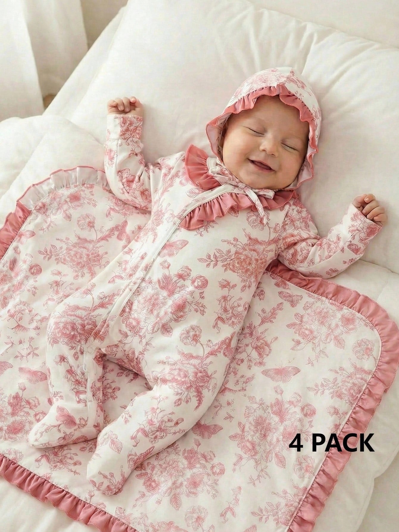 4pcs/Set Newborn Baby Gift Light Pink Cute Infant Long Sleeve Floral Romper Set Autumn Holiday Girl Clothes Includes Swaddle Hat Mittens 0-9 Months