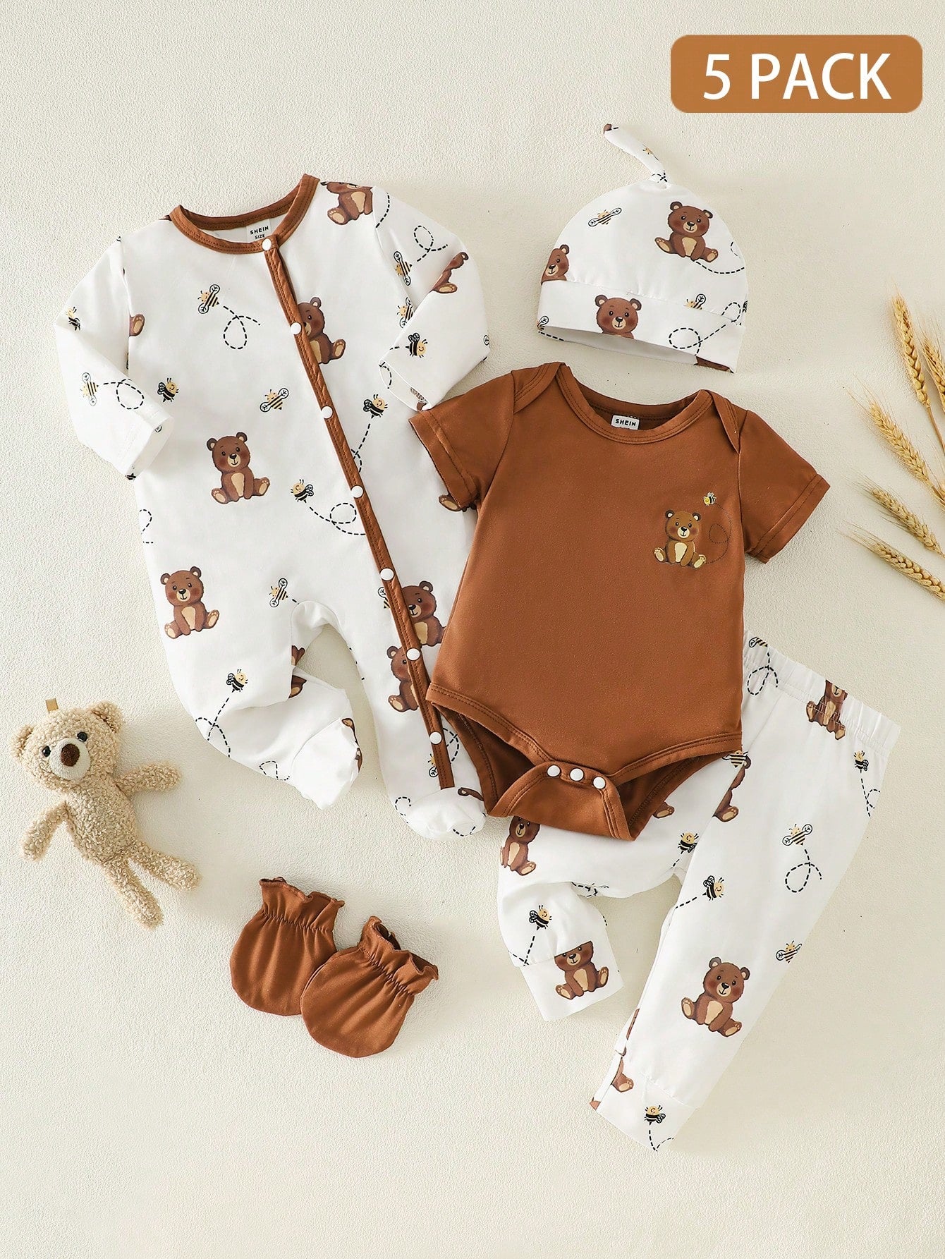 5-Piece Baby Girls Boys Clothes Set Newborn Bear Outfit Footed Romper Pants Cap&Mittens Brown And White Polka Dot Autumn Cute Holiday Gift Breathable