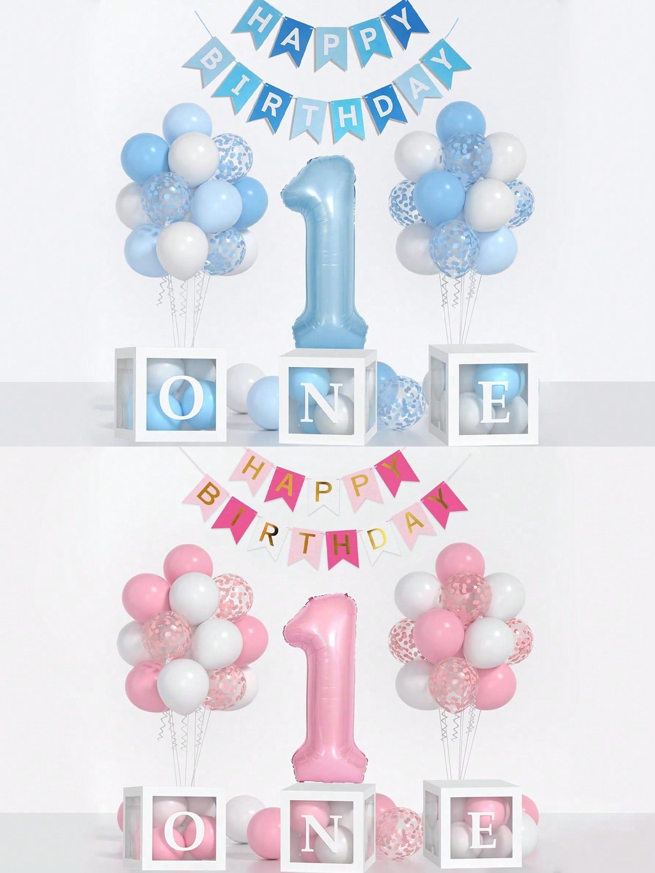 54pcs/Set First Birthday Decorations For Boy And Girl-40 Inch Blue 1 Number, Baby Blue,Pink,Green,White Balloons, Happy Birthday Balloons And One Balloon Boxes For Kids One Year Old Birthday Decoratio