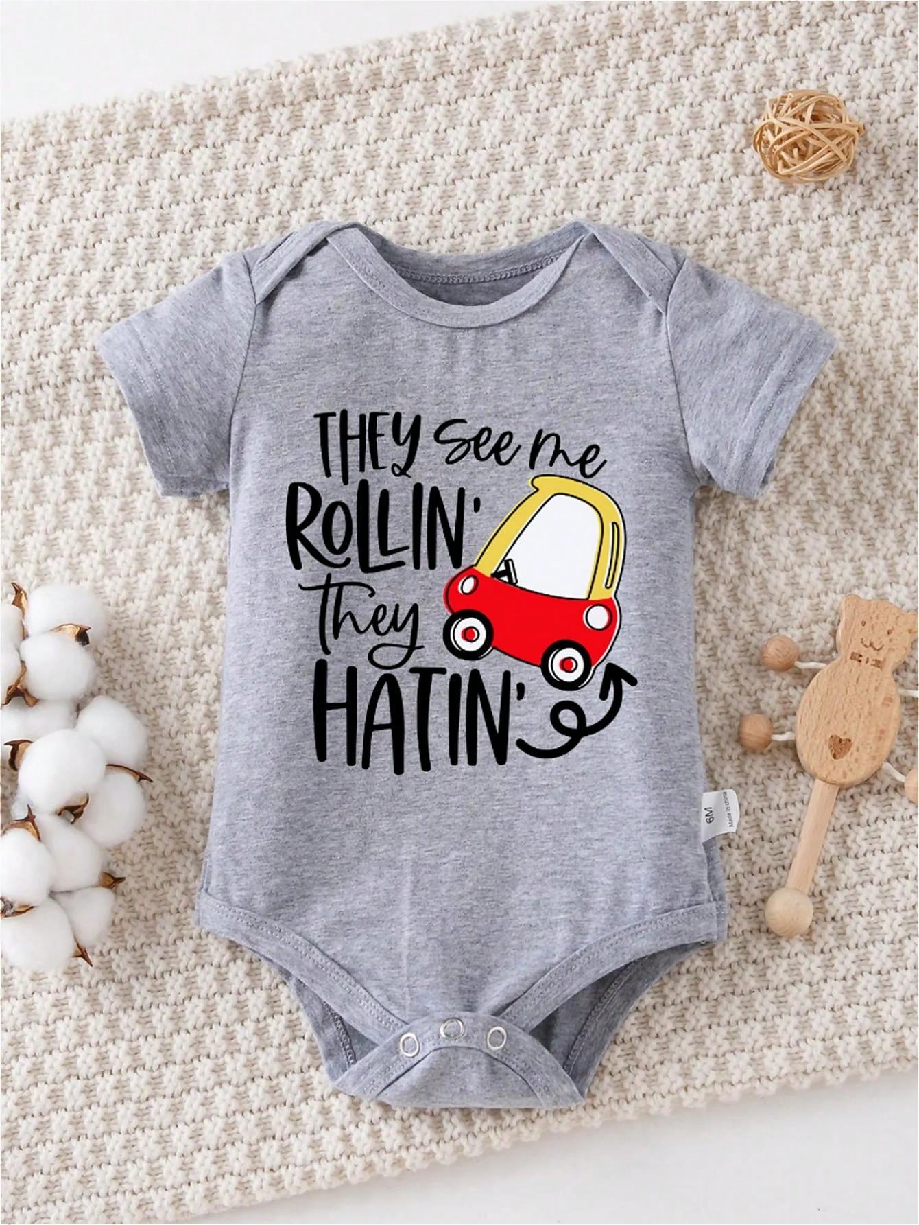 AYJK7 They See Me Rolling Around, They Hate Me, Cars, Comfortable Summer Outdoor Activities, Transparent Clothes, 100% Cotton Newborn Crawling Clothes, Casual Round Neck Short Sleeved Baby Triangle Ju