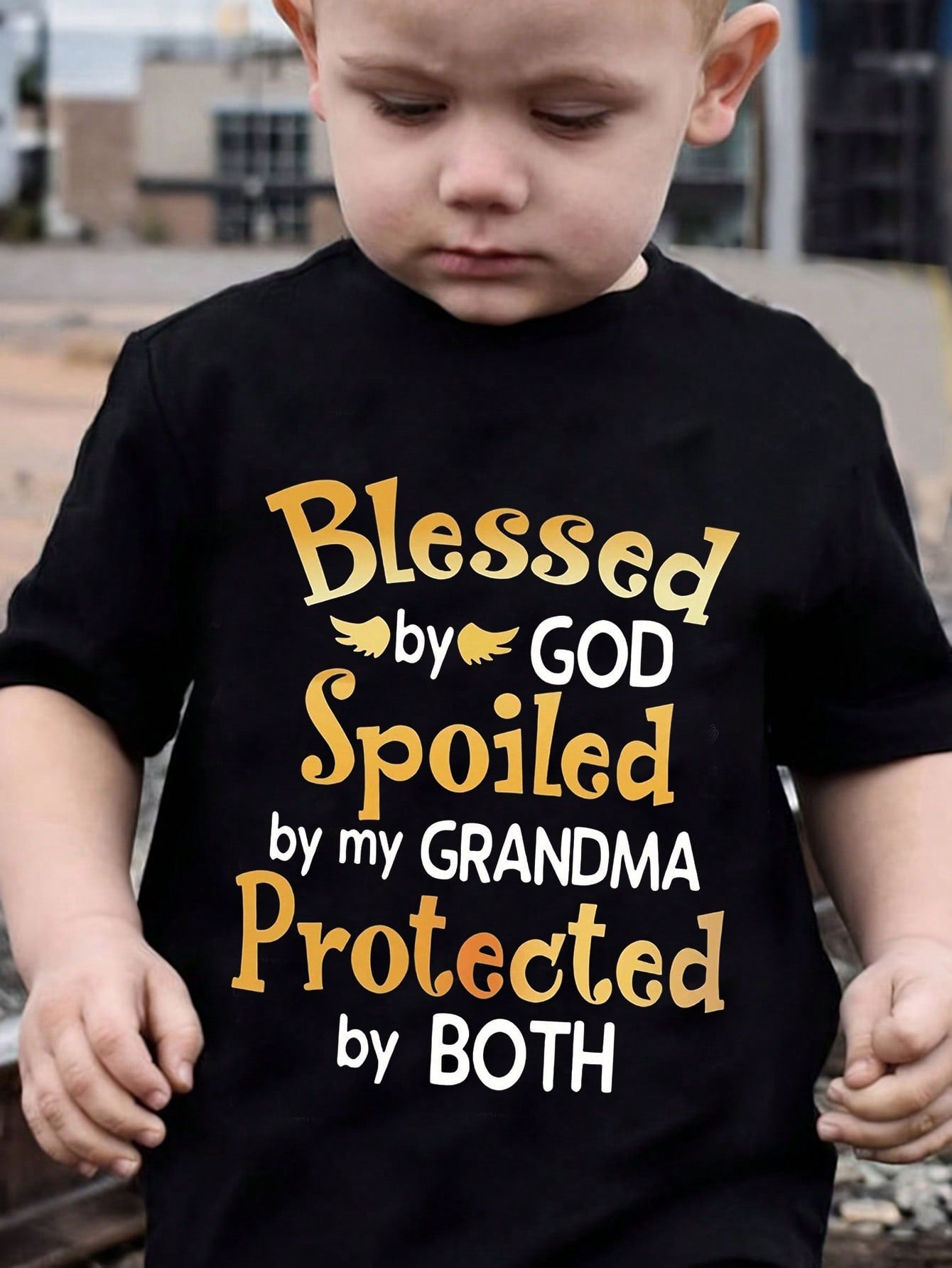 Baby Boy Casual Minimalist Gold English Slogan Print Short Sleeve Round Neck T-Shirt, Suitable For Summer