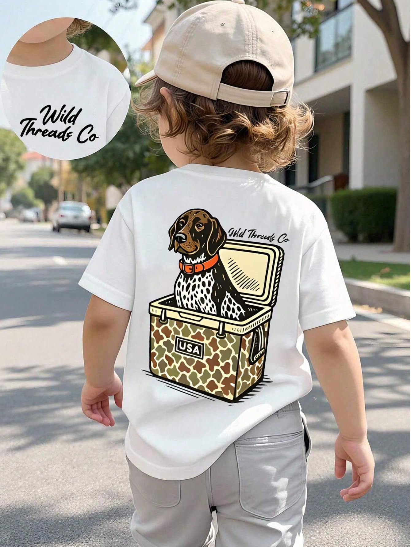 Baby Boy Short Sleeved Loose Round Neck T-Shirt With USA Camo Cooler Hunting Dog Printed Pattern Suitable For Summer Wear