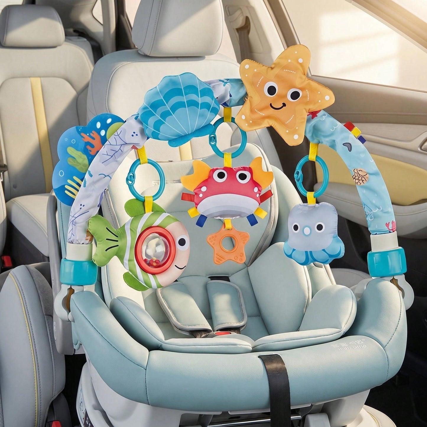 Baby Stroller Hanging Toy Ocean Animal Rattle With Pull String, Detachable Rattle, Battery-Free