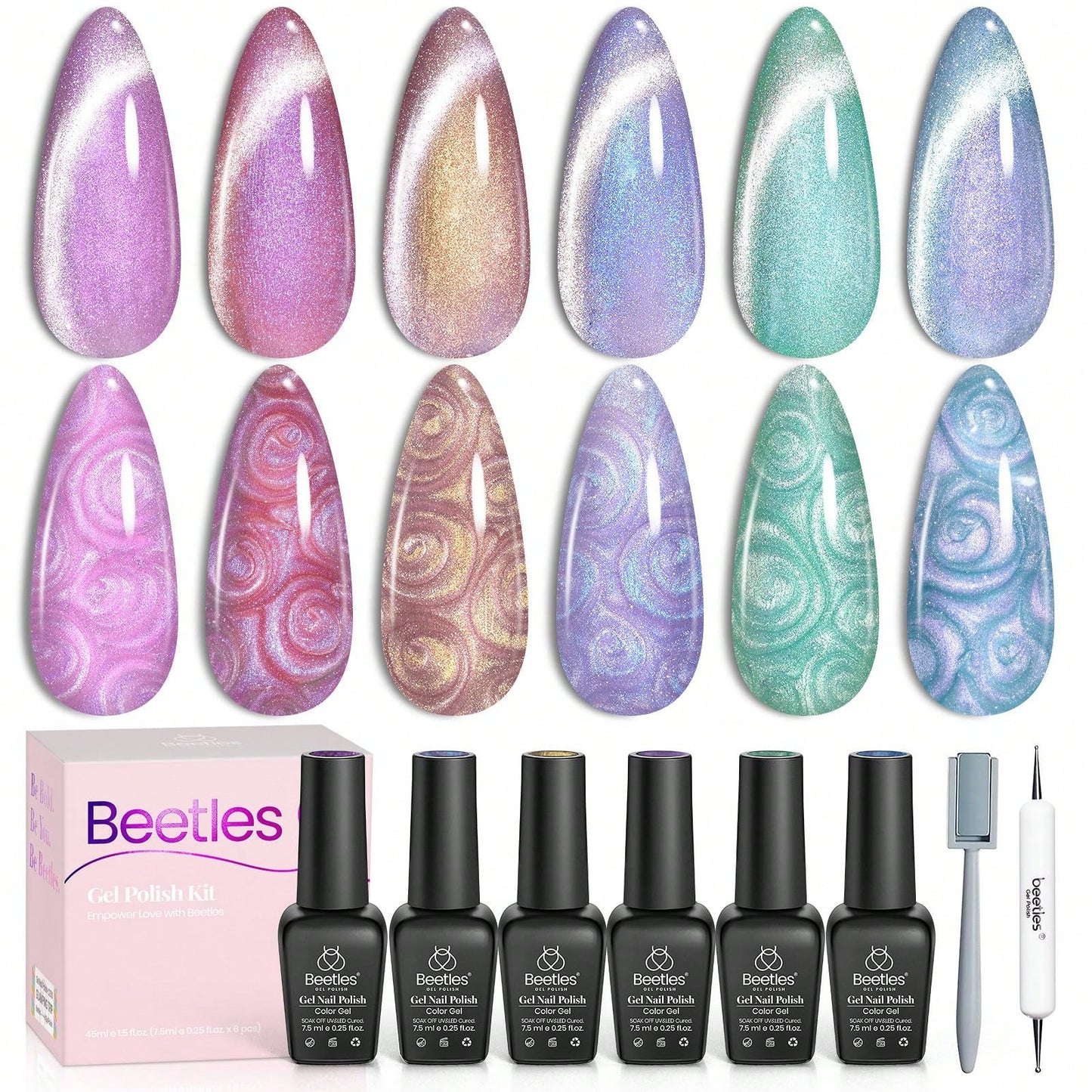 Beetles Pearl Gel Nail Polish, 6 Colors Shimmer Pearl White Pink Purple Mermaid Nail Drawing Spring Gel Polish