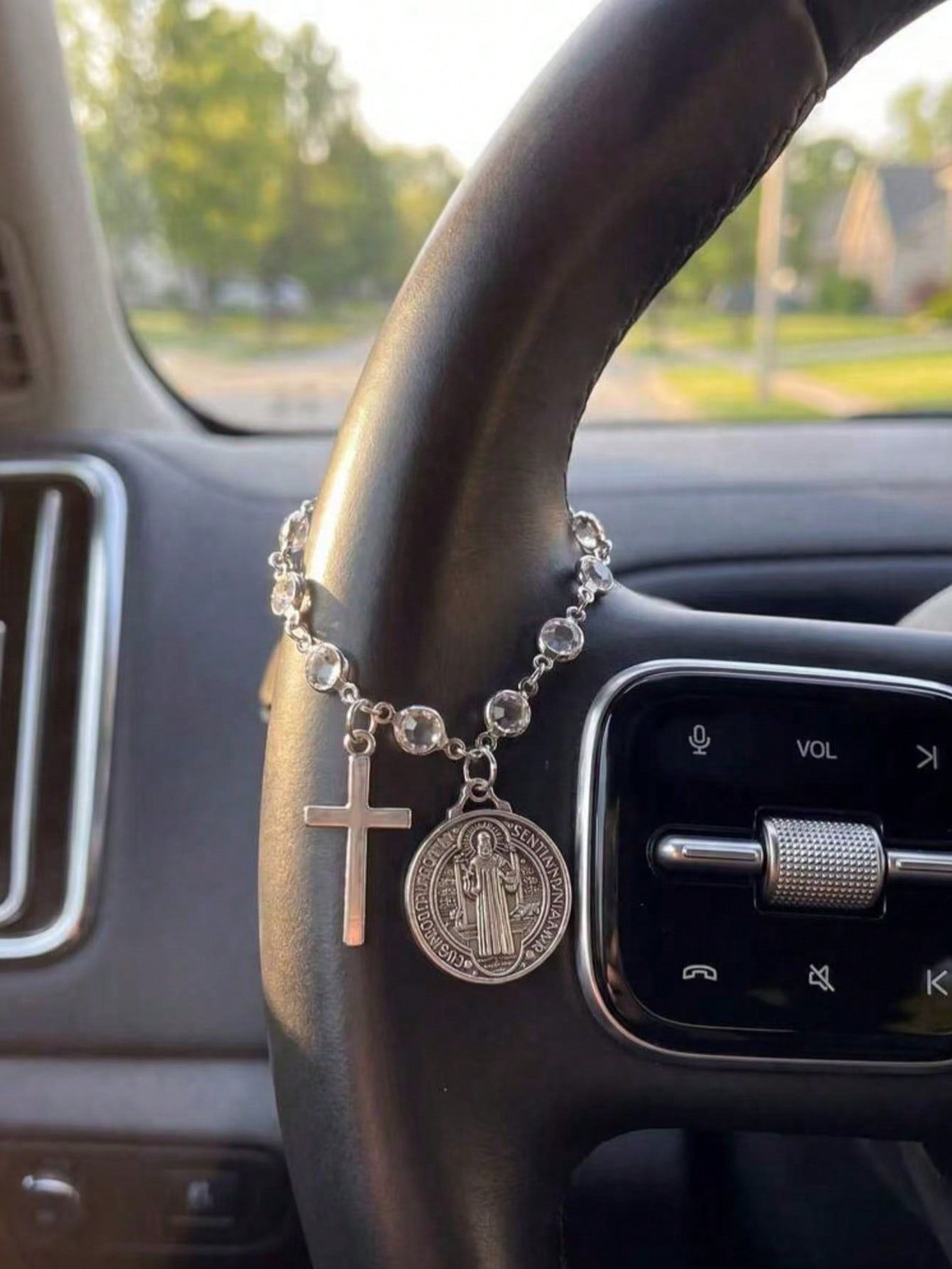 Crystal Bead Cross St. Benedict Medal Car Rose Rosary Hanging Ornament, Car Interior Decoration Pendant