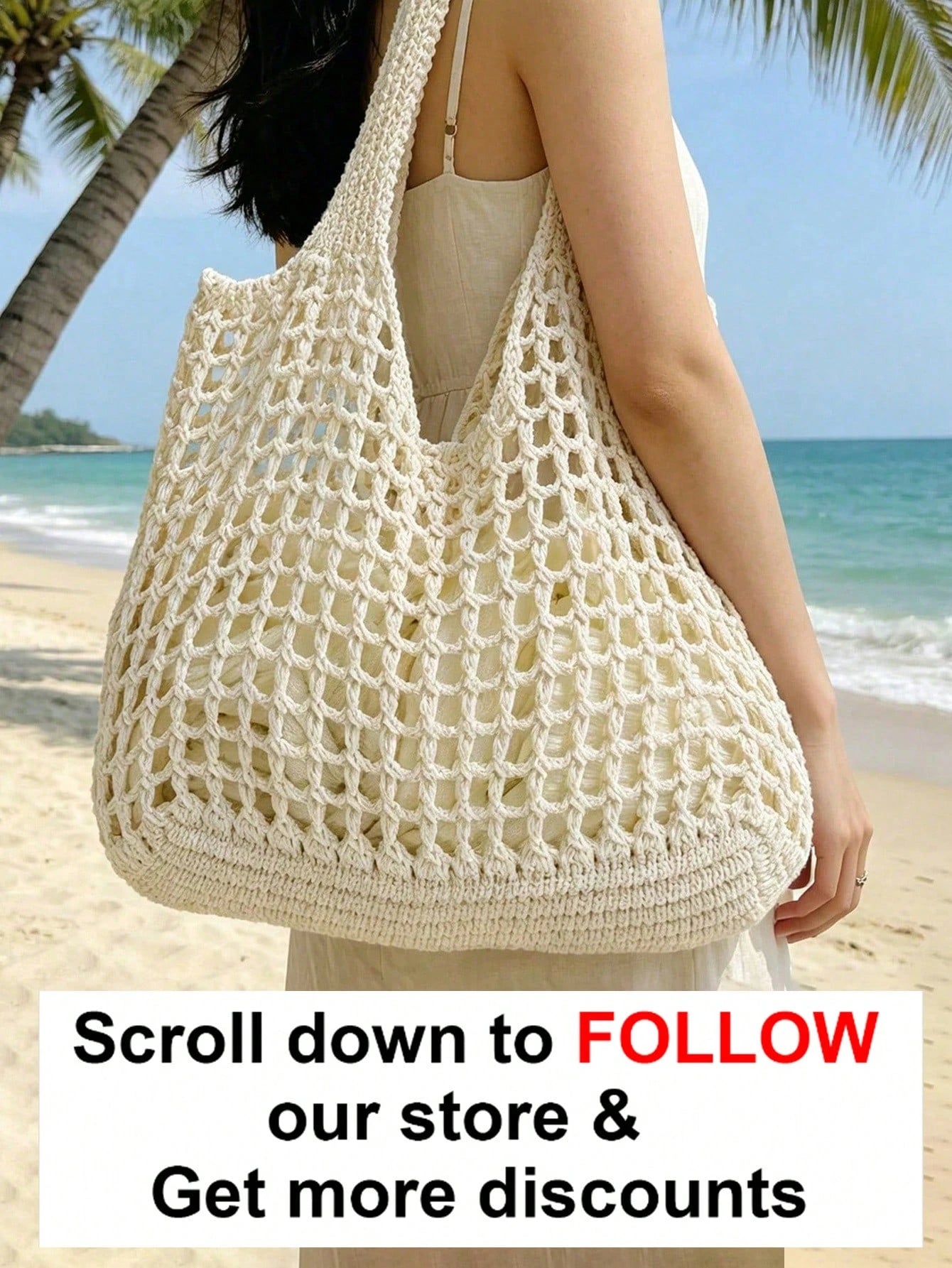 Dedoo Fashion Bohemian Style Crochet Women's Bag, Beige Polyester Material, Vintage Handmade Feel, Large Capacity Open Top Tote Bag, Beach Tote Bag, Casual Travel, Woven Texture, Vacation Essential Su