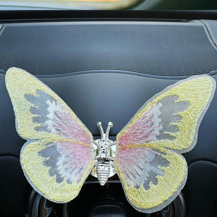 Embroidery Butterfly Car Decoration,Butterfly Decoration With Dancing Wings,Car Center Console Air Vent Decoration,Car Accessories,Cute And Soothing Creative Figurine
