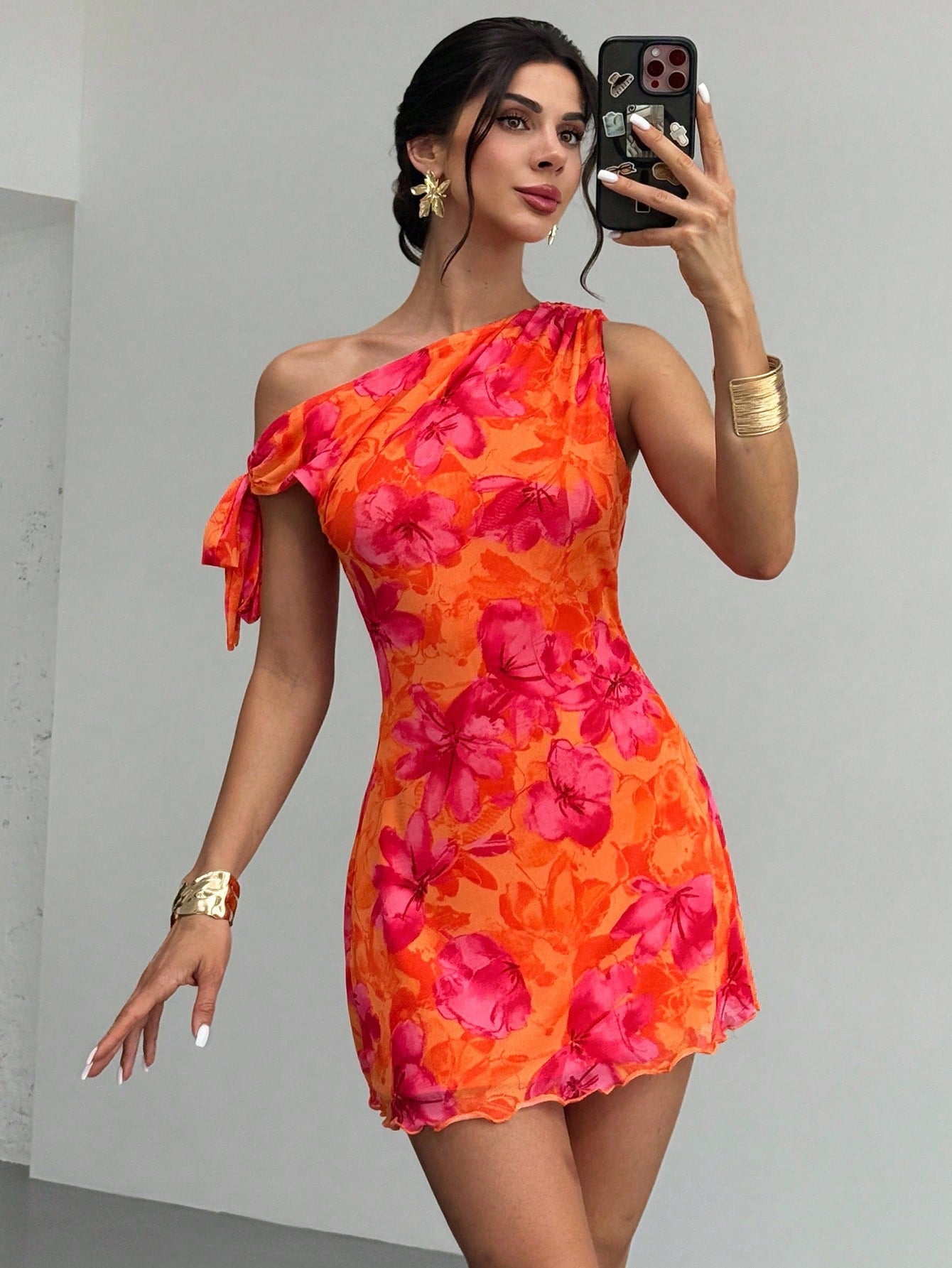 Firerie Women's Burnt Orange Floral Mesh Mini Dress, Summer, Girly Sexy, Holiday, Vacation Asymmetric One Shoulder Elegant Beach Night Out Date Night Outfit