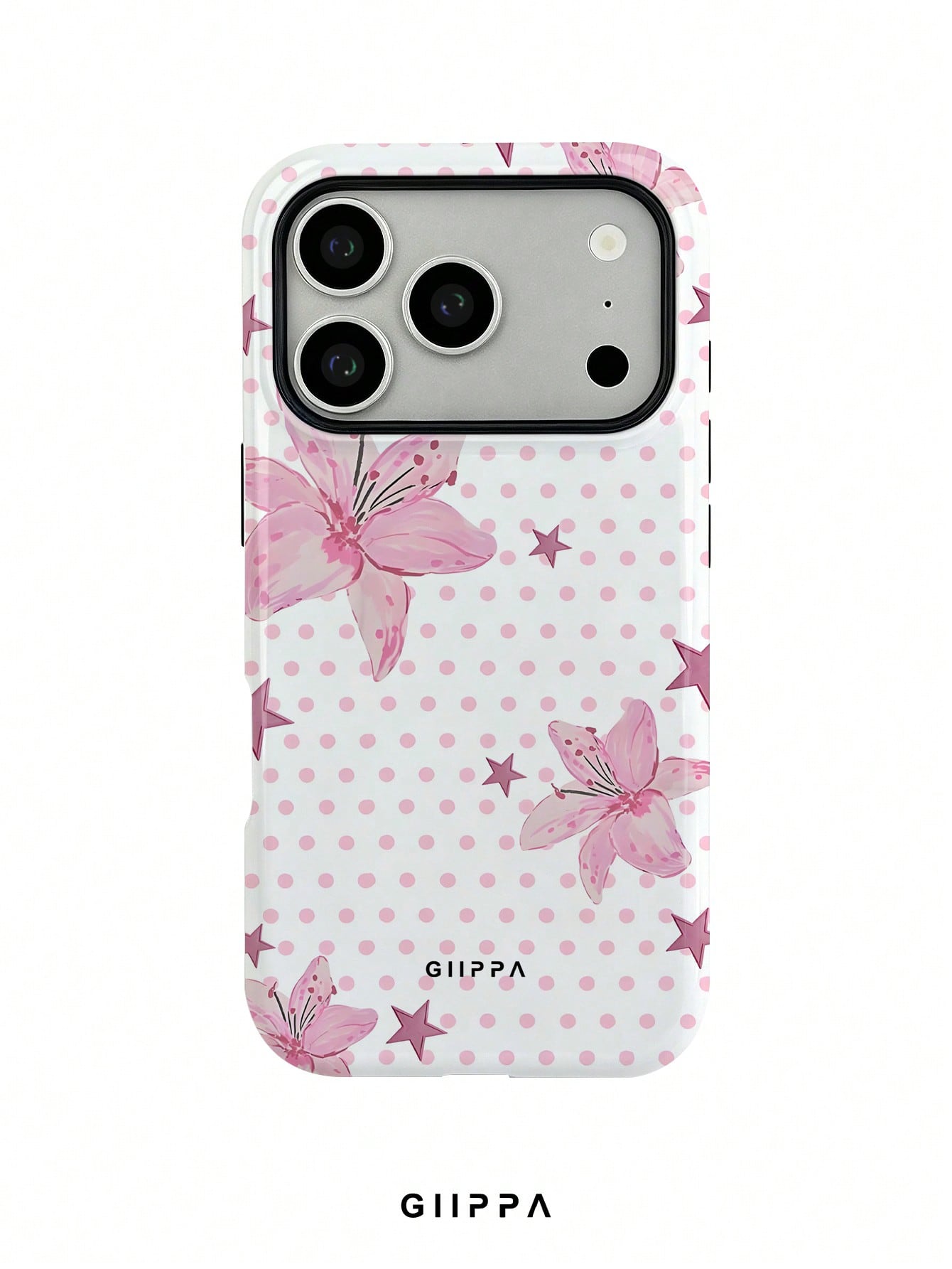GIIPPA 1pc Pink Polka Dot Background With Pink Hibiscus And Pink Star Pattern Design, Phone 17 Pro Max Phone Case, Compatible With Phone 16 Pro Max, 15 Pro Max, 14 Pro Max, Korean Style High-End Fashi