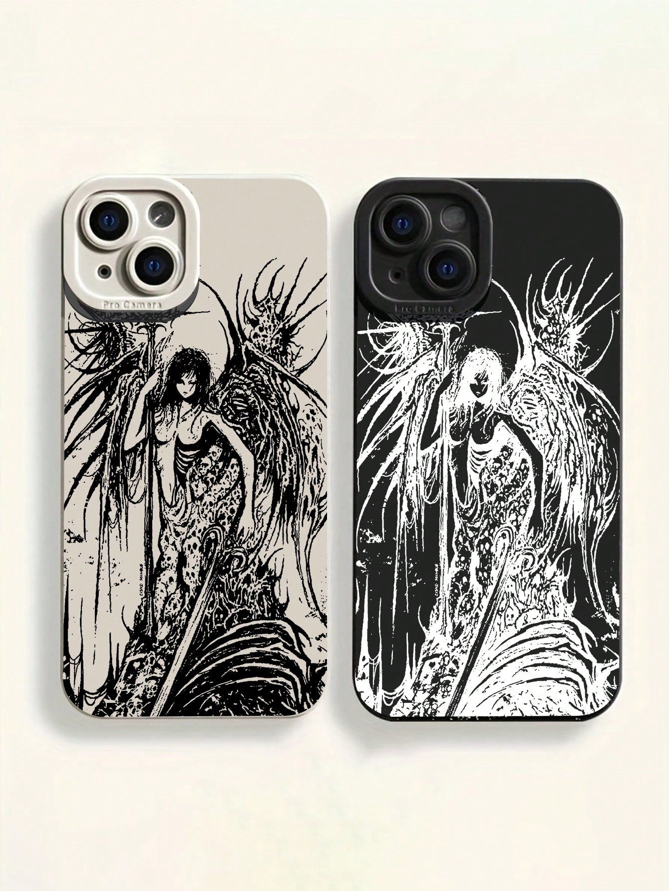 Gothic Style Fashion 2pcs Perforated Straight Edge Portrait Painted Thick Shockproof Protective Phone Case, Compatible With IPhone 15 Pro Max, Compatible With IPhone 16, Compatible With IPhone 16 Pro
