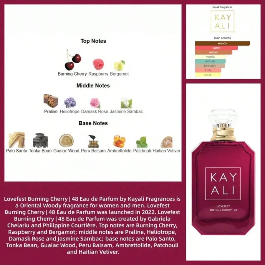 KAYALI 48 Lovefest Burning Cherry 48 Eau De Parfum For Women – Long Lasting Cherry Raspberry Woody Perfume, Palo Santo, Patchouli & Sweet Warm Fragrance Spray, 3.4 Oz/ 100ml Wine Red Transparent Bott