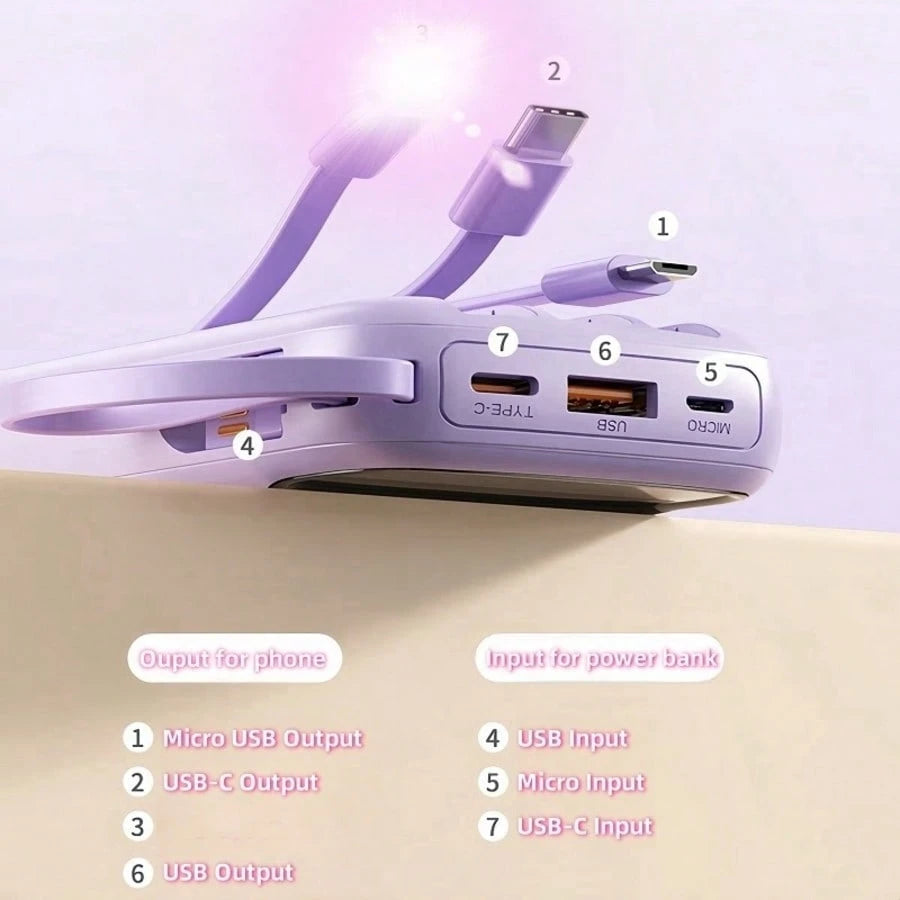 LADAPU Cute 10000mAh Mini 5V3A Fast Charging Power Bank Small Size Large Capacity Rechargeable Portable Mobile Phone Charger Built-In 4 Cables Smart Digital Display Micro Interface USB-C Output&Input