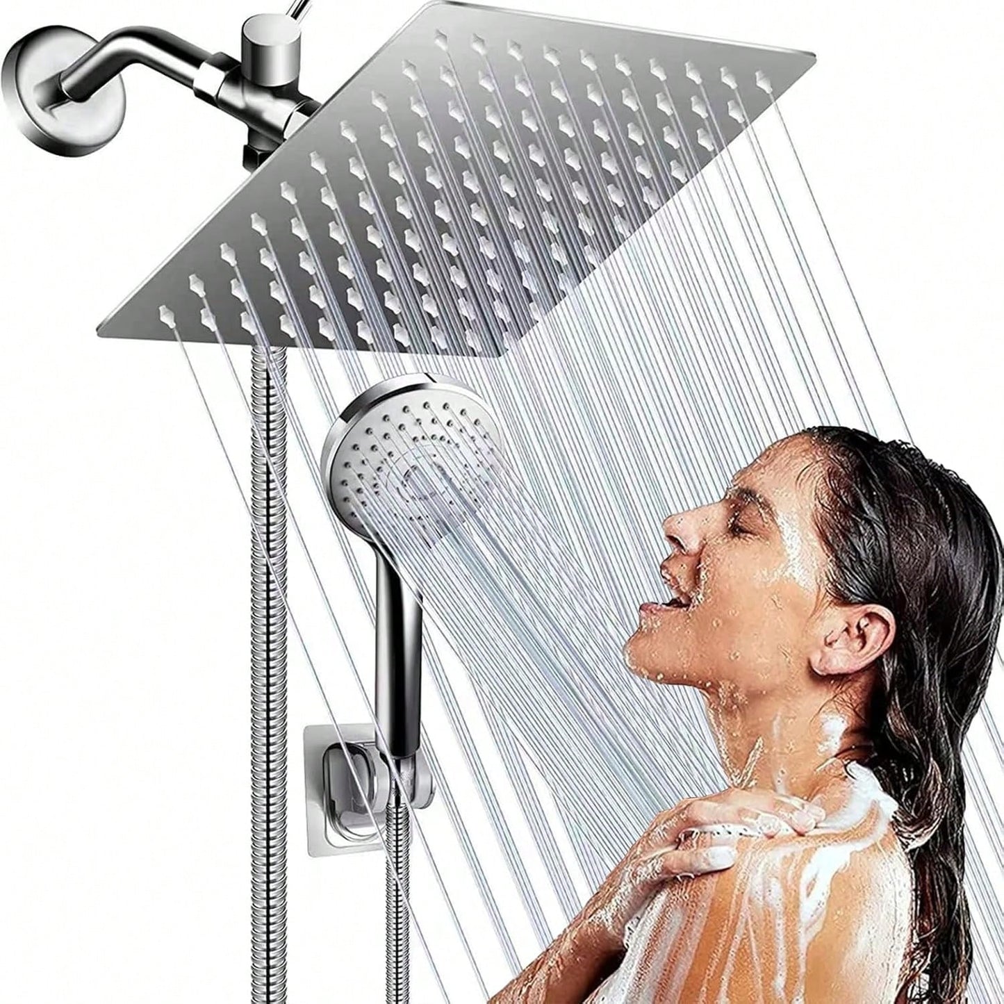Matte Black/Polished Sliver Shower Head Combination, 8-Inch High-Pressure Showerhead, 5 Handheld Shower Head Combinations With Different Settings,With Hose,Without Extension Armfor Bathroom,Hotel