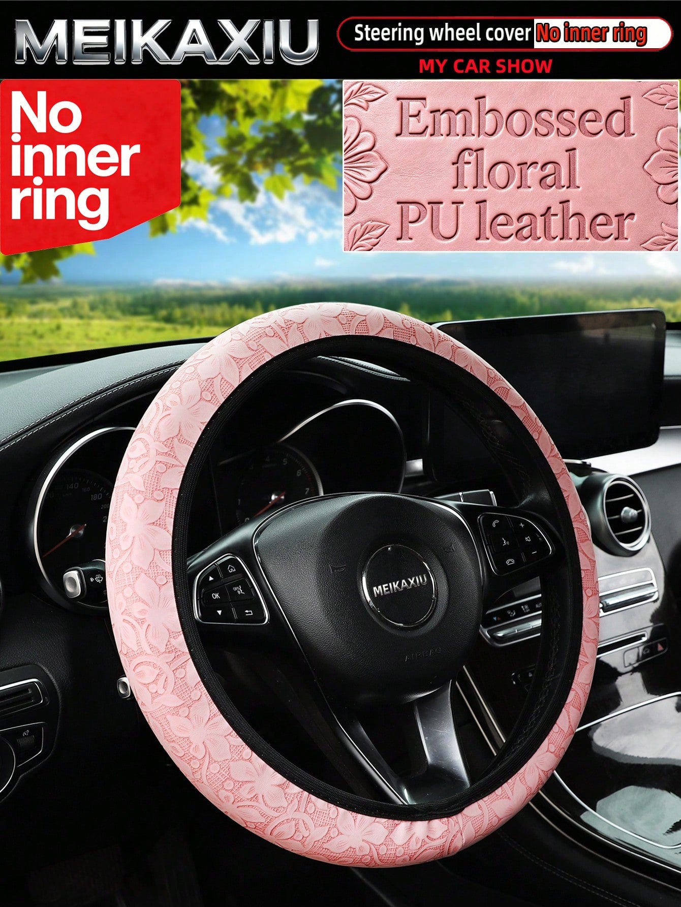 MEIKAXIU New PU Leather Carving Steering Wheel Cover, Fits 14.5-15 Inch Cars, Decorative Accessories, Suitable For Women