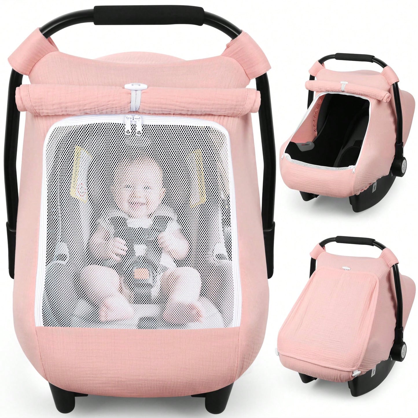Oaoleer 1PC Car Seat Cover Baby, Carseat Covers Girl Boy, Breathable Muslin Cotton, Large Mesh Window, Infant Car Seat Canopy Baby Carrier Cover
