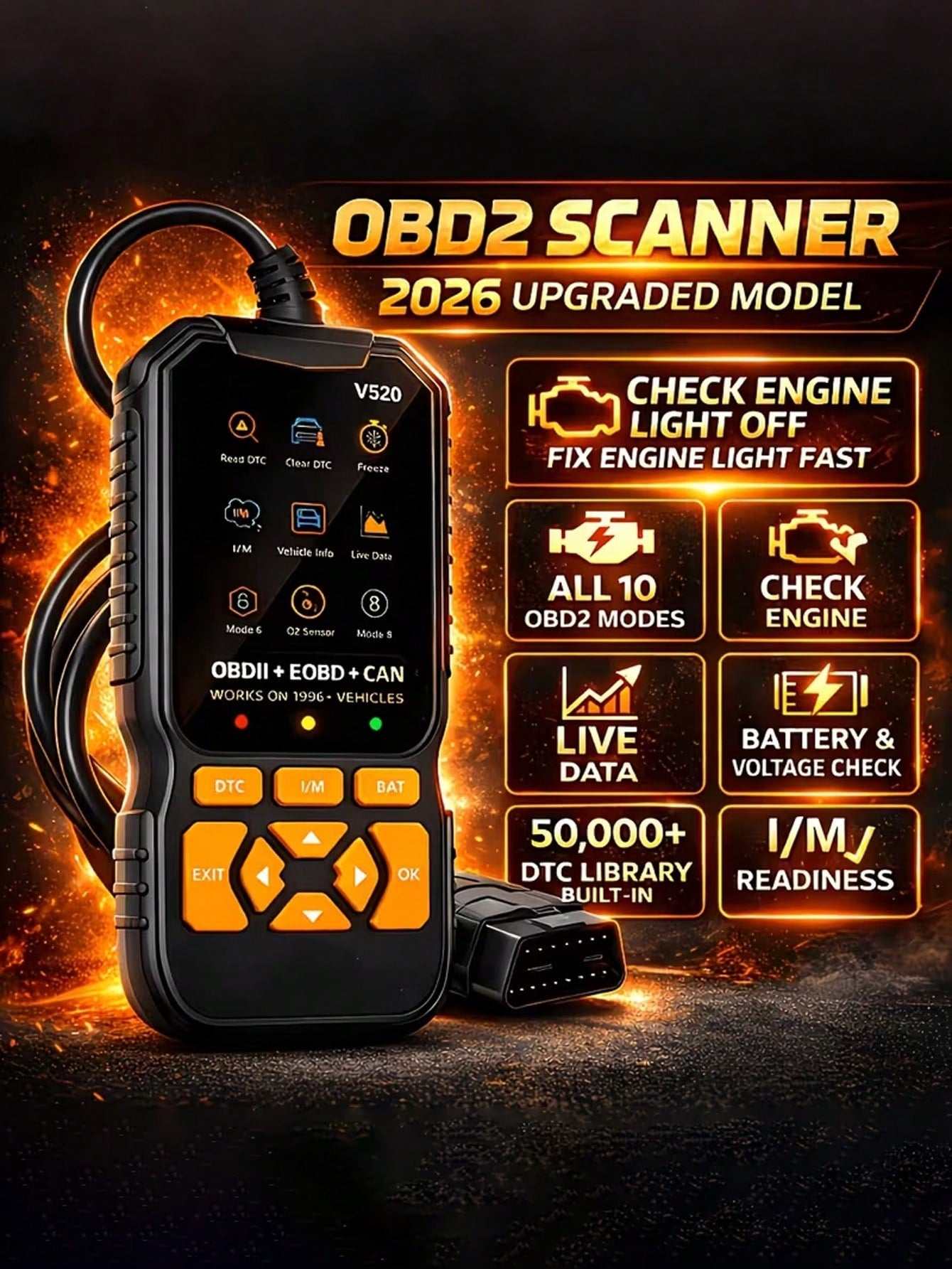 OBD2 Scanner Diagnostic Tool, Engine Fault Code Reader With Reset Function, Supports Mode 6, Mode 8 And I/M Readiness Test, Automatically Checks Engine Fault Light, Compatible With All OBDII Vehicles