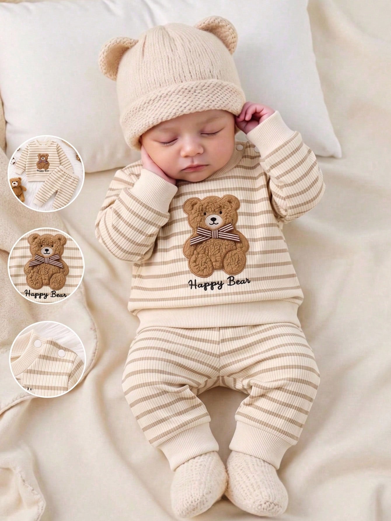 Playful Pals 2pcs/Set Newborn Baby Boy Apricot Khaki Knitted Ribbed Striped Crew Neck Long Sleeve Pants Casual Cute Bear Embroidery Bow Decor Vintage Fashion Korean Style Minimalist Outfit, Suit