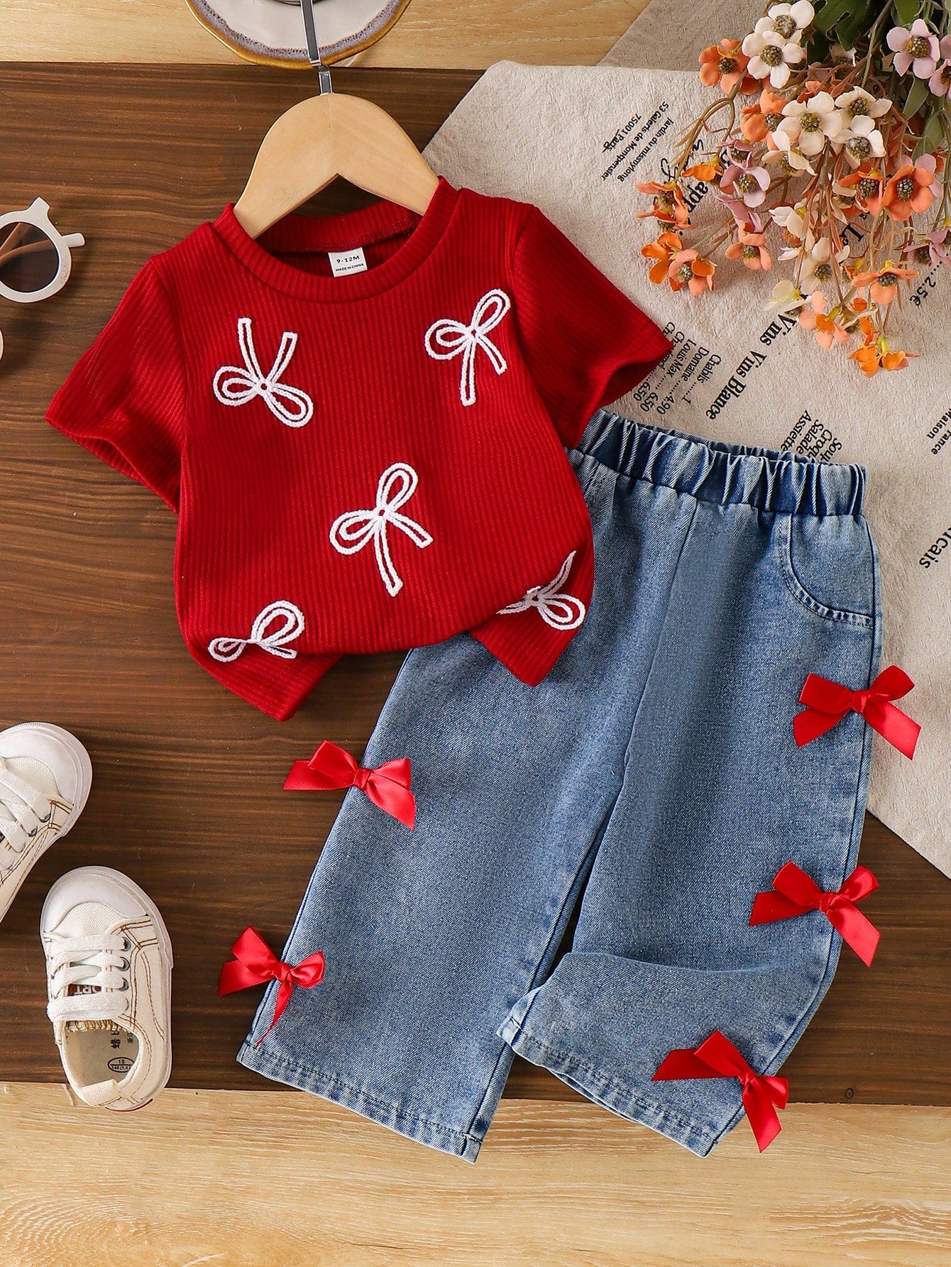 Playful Pals Baby Girls' Red Ribbed Short Sleeve T-Shirt And Blue Pants With Bow 2-Piece Outfit,Cute Summer Jeans Set,Family Matching Casual Clothes 1 To 2 Years