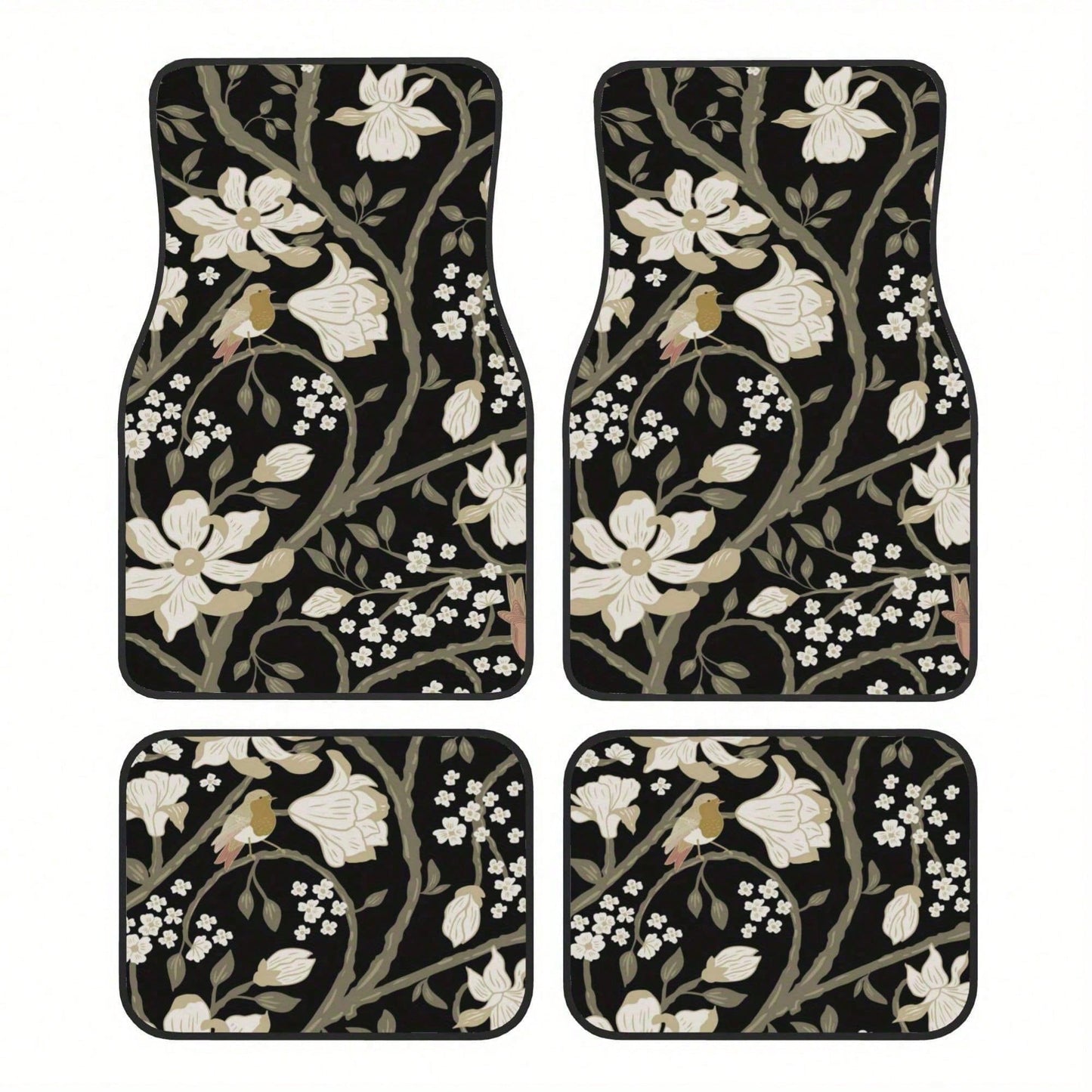 Set Of 4 Car Floor Mats Featuring A Floral Bird Design- Fashionable And Long-Lasting, Resistant To Stains, Slip-Proof, Easy To Clean, Suitable For All Vehicles, Including Front And Rear Seats, Provid