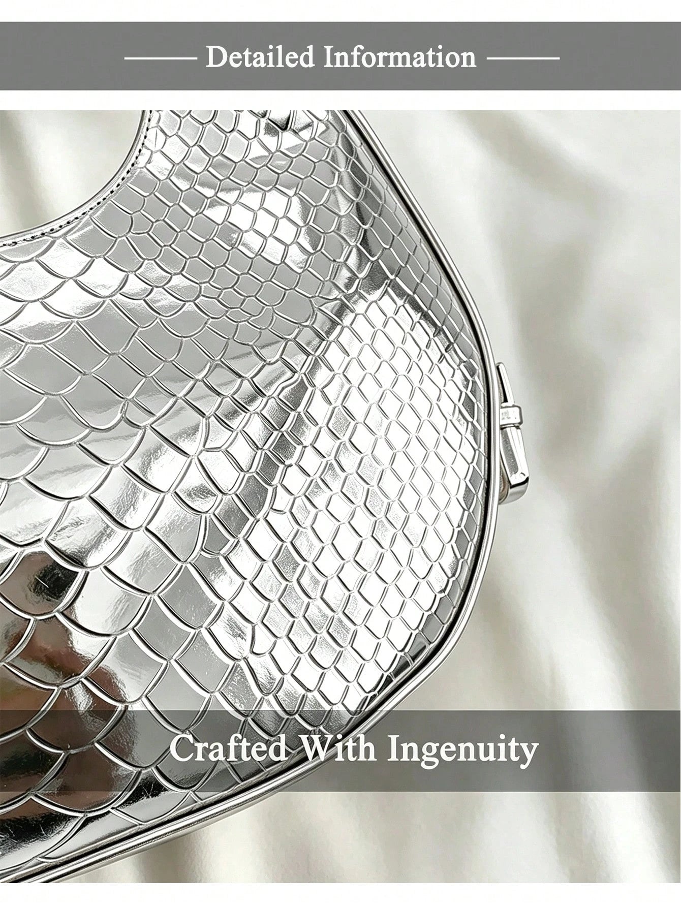 Silver Underarm Bag, Crocodile-Embossed Crescent,Metallic Shiny,Loaf Sexy Street Tote/Hobo,A Top Choice For Datesperfect Parties,Street Style,Clubbing