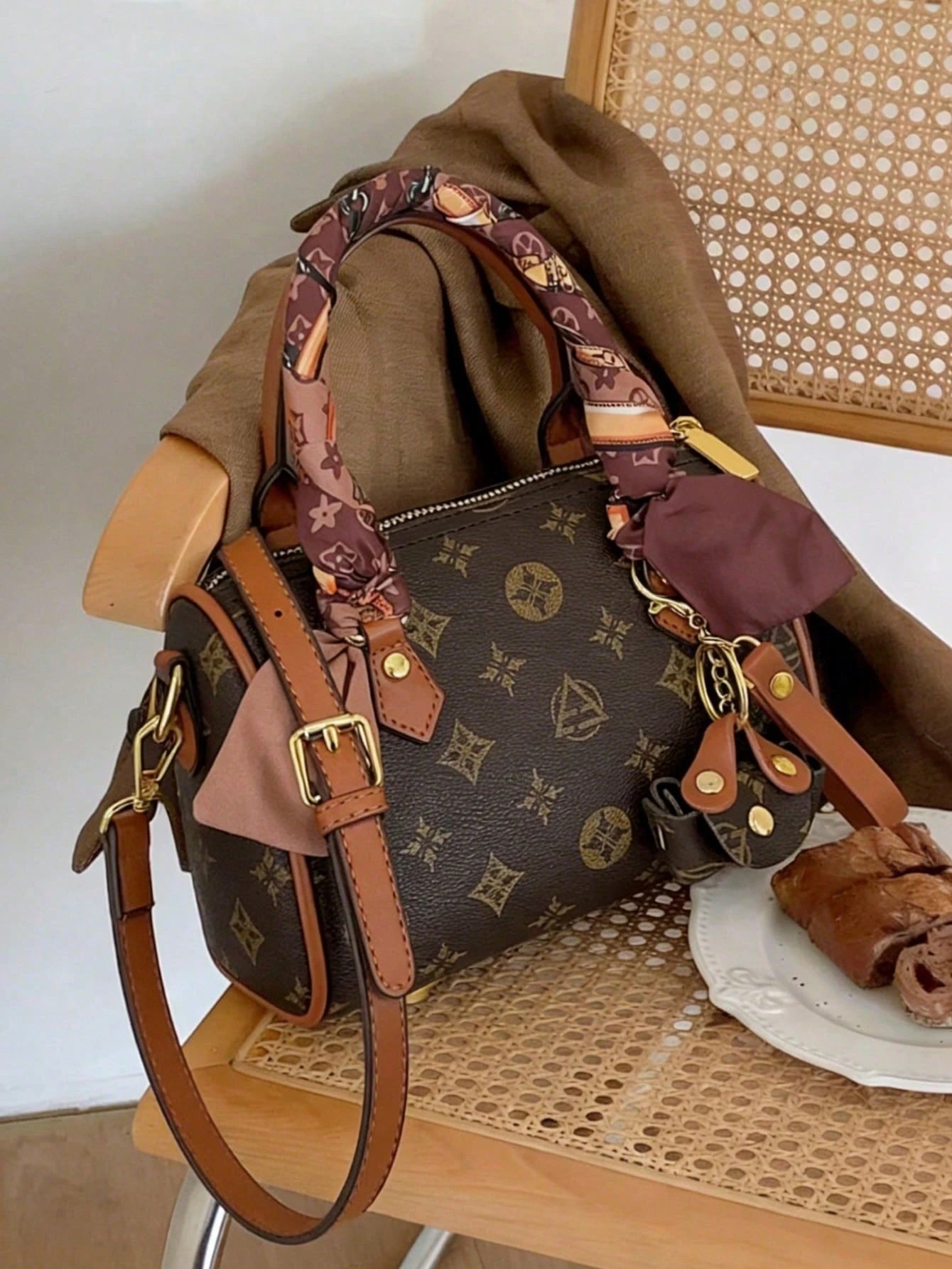 Stylish Coffee Apricot PU Women Bag With Detachable Strap & Pendant, Random Color Scarf, Perfect Gift For All Occasions
