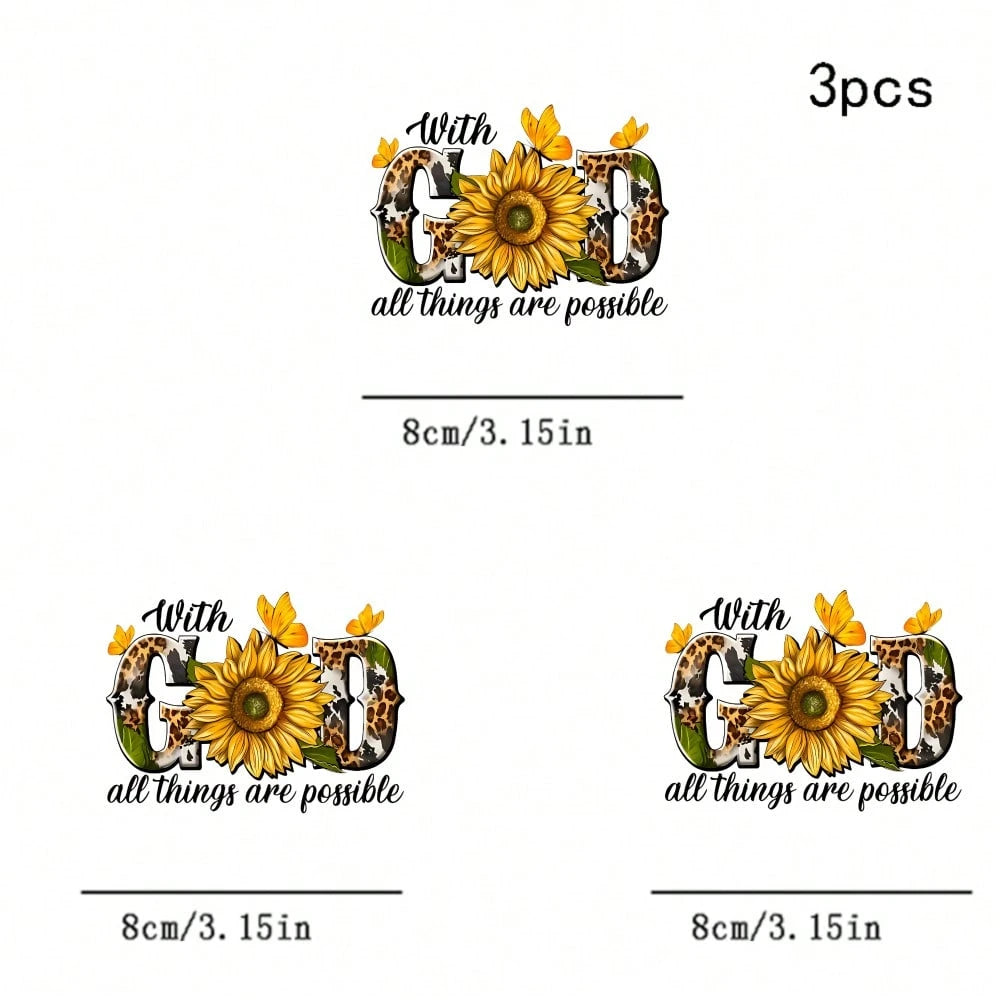 1/2/3pcs American Leopard Print Sunflower Iron-On Patch Faith Slogan Butterfly DIY Heat Transfer Suitable For Clothing, T-Shirt Making, Pillow Decoration And Apparel Items And Appliques