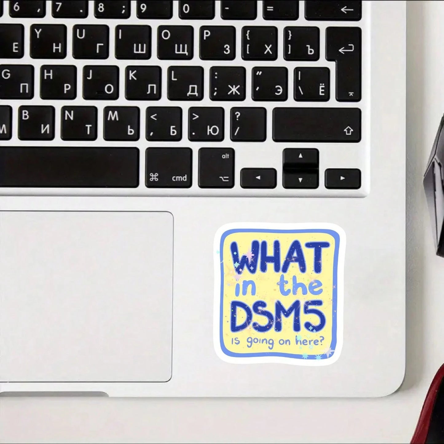 1/2/5pcs Funny"What In The DSM5 Is Going On Here" Sticker, Mental Health Humor Vinyl Decal,Sarcastic Psychology,Iridescent Sparkle Aesthetic Sticker,Suitable For Laptop, Water Bottle, Journal Planner
