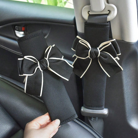 1/2pcs Black/Grey Bow Ice Silk Car Seat Belt Shoulder Pads, Women's Car Interior Accessories, All-Season Protective Cover, Beautiful Soft Fabric Car Shoulder Pads, Seat Belt Decoration, Prevent Tightn