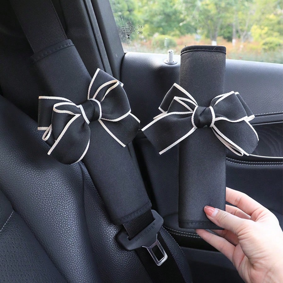 1/2pcs Black/Grey Bow Ice Silk Car Seat Belt Shoulder Pads, Women's Car Interior Accessories, All-Season Protective Cover, Beautiful Soft Fabric Car Shoulder Pads, Seat Belt Decoration, Prevent Tightn