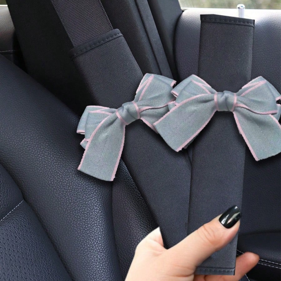 1/2pcs Black/Grey Bow Ice Silk Car Seat Belt Shoulder Pads, Women's Car Interior Accessories, All-Season Protective Cover, Beautiful Soft Fabric Car Shoulder Pads, Seat Belt Decoration, Prevent Tightn