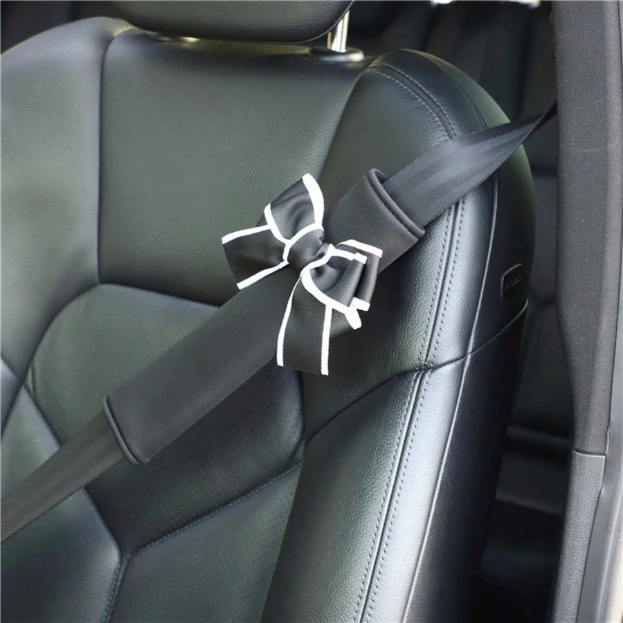 1/2pcs Black/Grey Bow Ice Silk Car Seat Belt Shoulder Pads, Women's Car Interior Accessories, All-Season Protective Cover, Beautiful Soft Fabric Car Shoulder Pads, Seat Belt Decoration, Prevent Tightn
