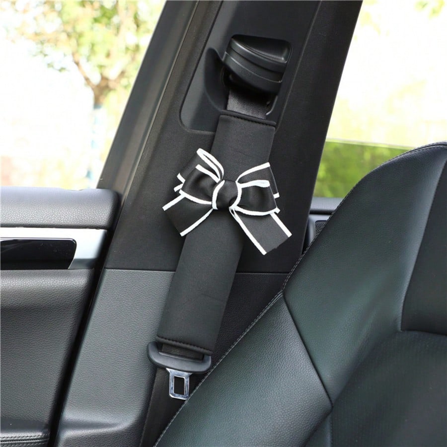 1/2pcs Black/Grey Bow Ice Silk Car Seat Belt Shoulder Pads, Women's Car Interior Accessories, All-Season Protective Cover, Beautiful Soft Fabric Car Shoulder Pads, Seat Belt Decoration, Prevent Tightn