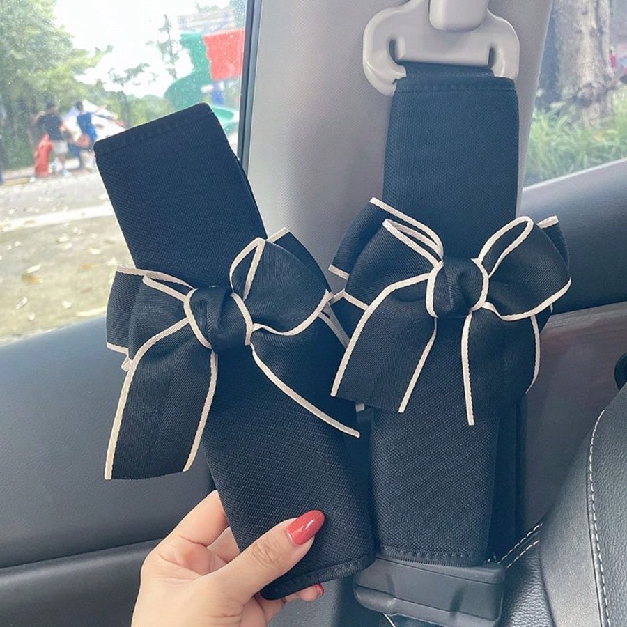 1/2pcs Black/Grey Bow Ice Silk Car Seat Belt Shoulder Pads, Women's Car Interior Accessories, All-Season Protective Cover, Beautiful Soft Fabric Car Shoulder Pads, Seat Belt Decoration, Prevent Tightn