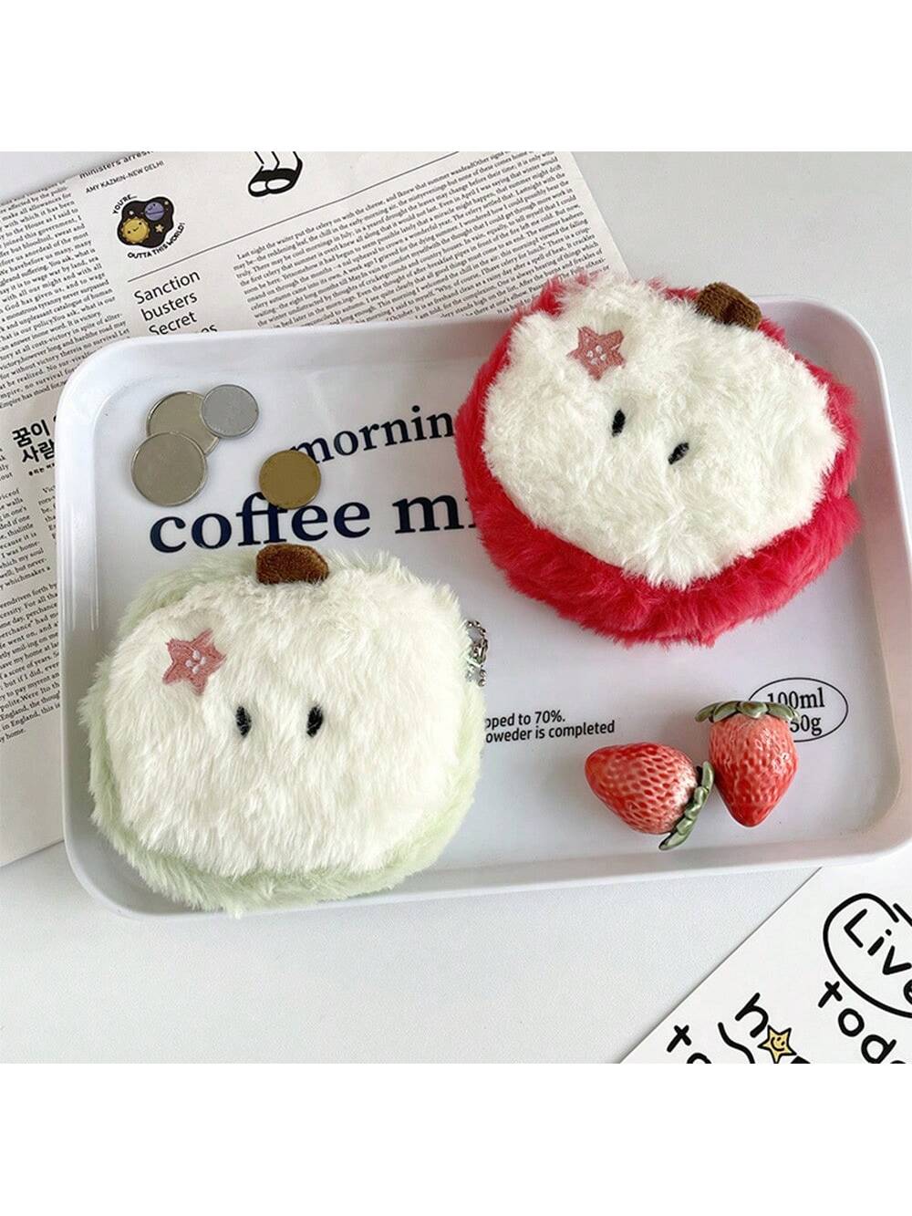 1/2pcs Kawaii Cartoon Mini Apple Plush Coin Wallet Girl Cute Plush Coin Wallet Key Storage Bag Holiday Party Gifts,Cute Pouch