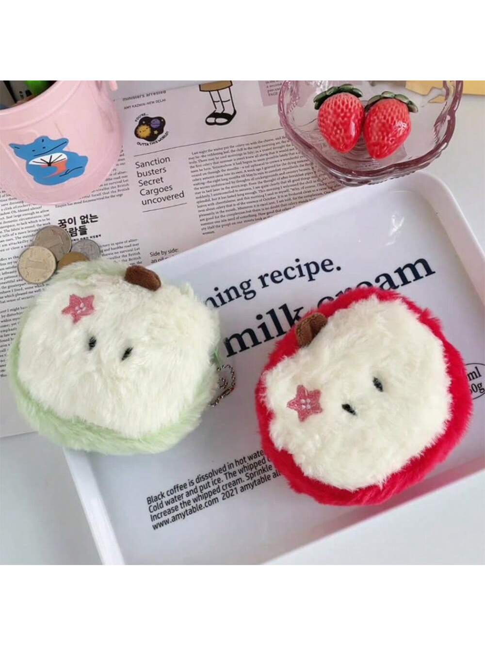 1/2pcs Kawaii Cartoon Mini Apple Plush Coin Wallet Girl Cute Plush Coin Wallet Key Storage Bag Holiday Party Gifts,Cute Pouch