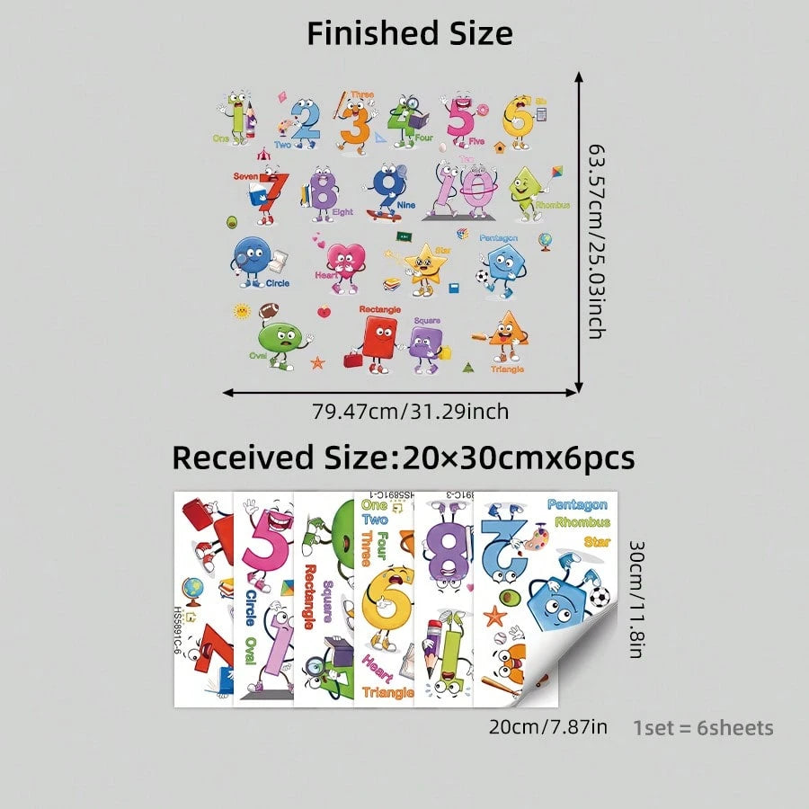 1/6sheet Cartoon Number Shape Learning Wall Stickers, Educational ABC Decor For Kids Bedroom Nursery Playroom Back To School Classroom Wall Decals