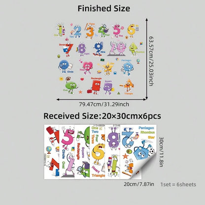 1/6sheet Cartoon Number Shape Learning Wall Stickers, Educational ABC Decor For Kids Bedroom Nursery Playroom Back To School Classroom Wall Decals