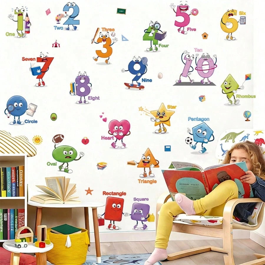 1/6sheet Cartoon Number Shape Learning Wall Stickers, Educational ABC Decor For Kids Bedroom Nursery Playroom Back To School Classroom Wall Decals