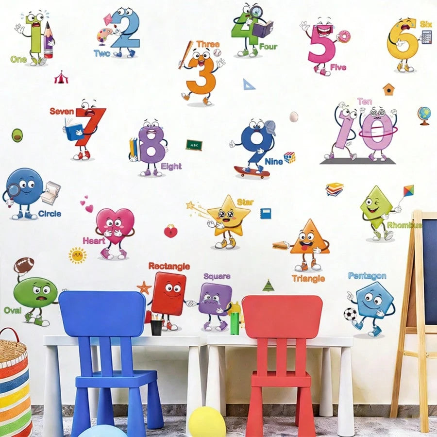 1/6sheet Cartoon Number Shape Learning Wall Stickers, Educational ABC Decor For Kids Bedroom Nursery Playroom Back To School Classroom Wall Decals