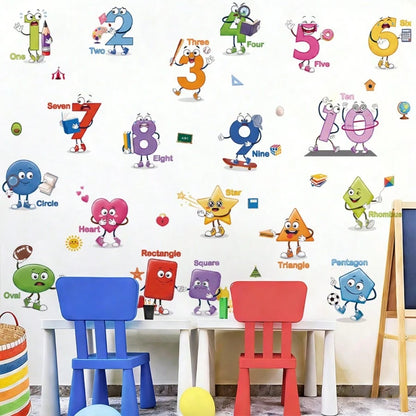 1/6sheet Cartoon Number Shape Learning Wall Stickers, Educational ABC Decor For Kids Bedroom Nursery Playroom Back To School Classroom Wall Decals