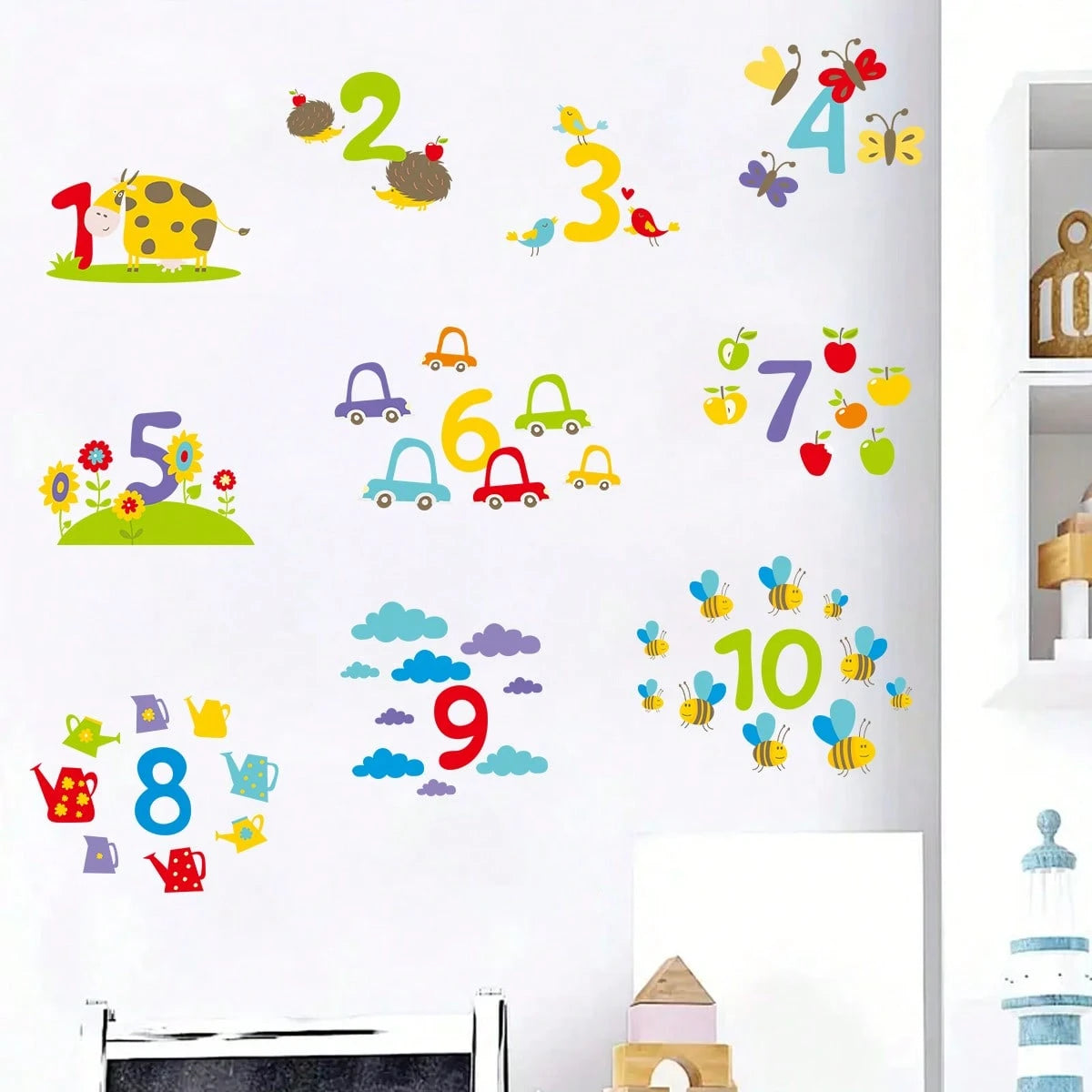 1/6sheet Cartoon Number Shape Learning Wall Stickers, Educational ABC Decor For Kids Bedroom Nursery Playroom Back To School Classroom Wall Decals