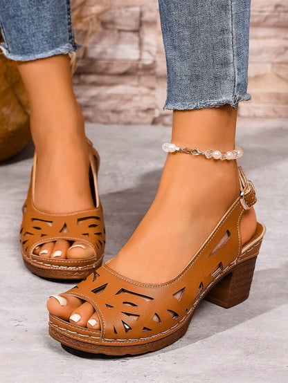 1 Pair Fashionable Hollow-Out Open Toe Chunky Heel Single Strap Backstrap Casual Women Sandals